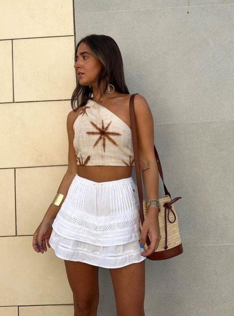 tie-dye one-shoulder top + white ruffle skirt