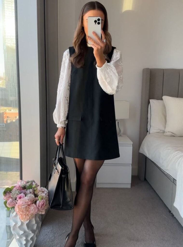 white blouse + black mini dress + sheer tights