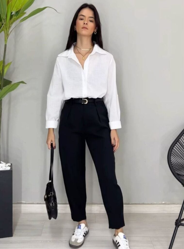 white button-down + black trousers + sneakers