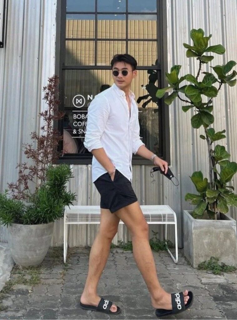 white shirt + black shorts + slides