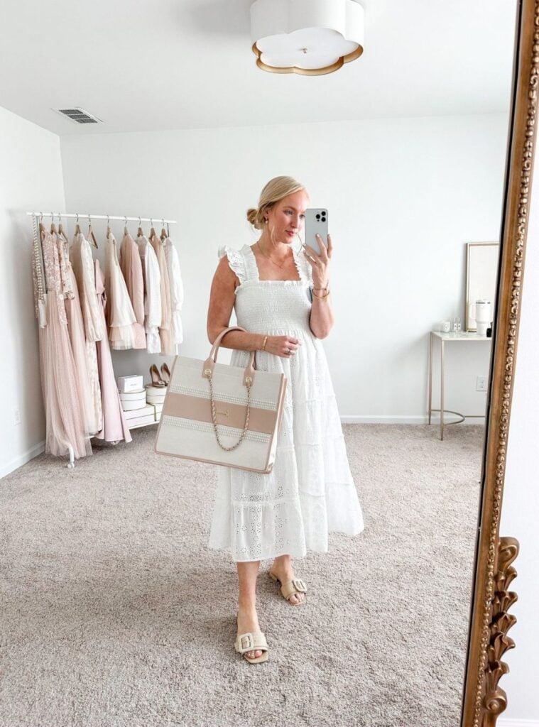 eyelet midi dress + neutral slides + oversized tote