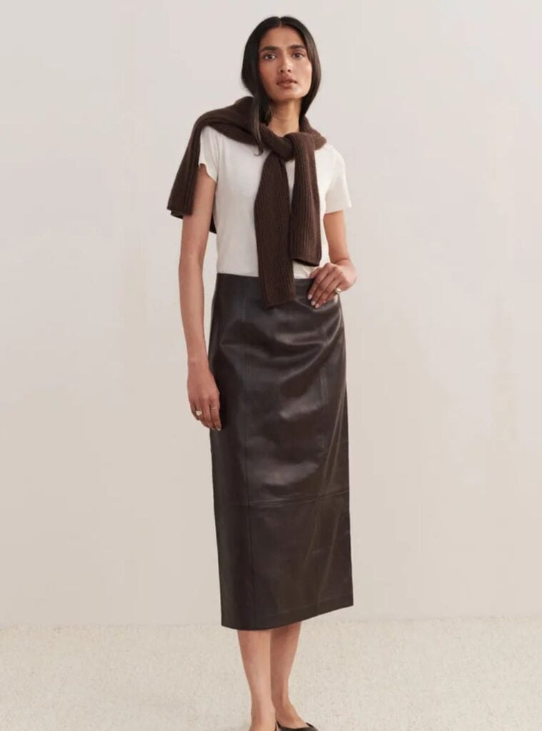 white tee + leather midi skirt + flats