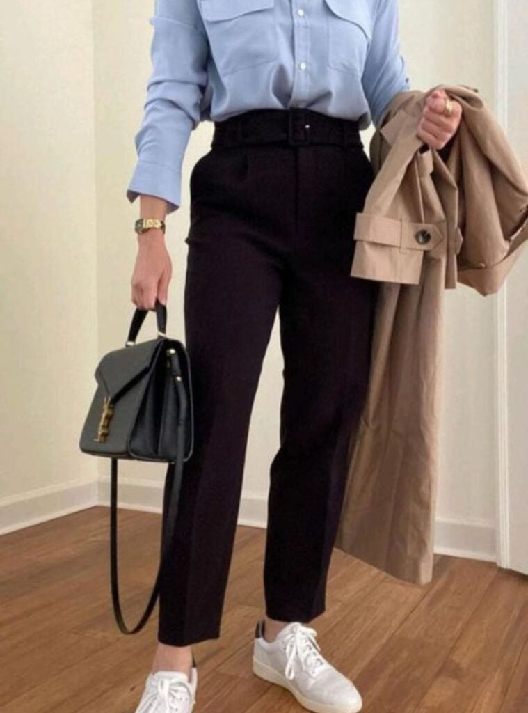 blue shirt + black trousers + white sneakers
