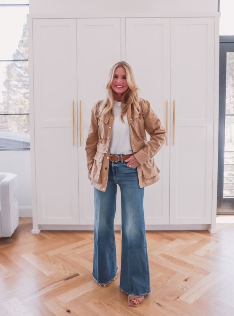 utility jacket + wide jeans + heeled sandals