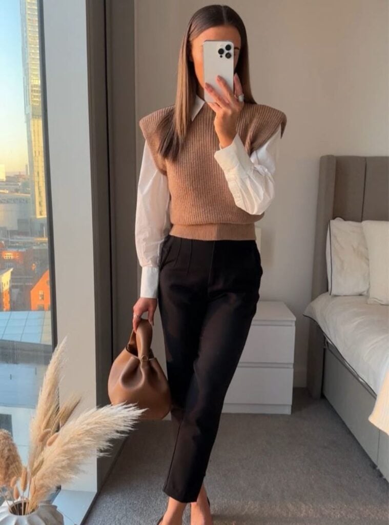 white button-down + brown knit vest + slim black pants