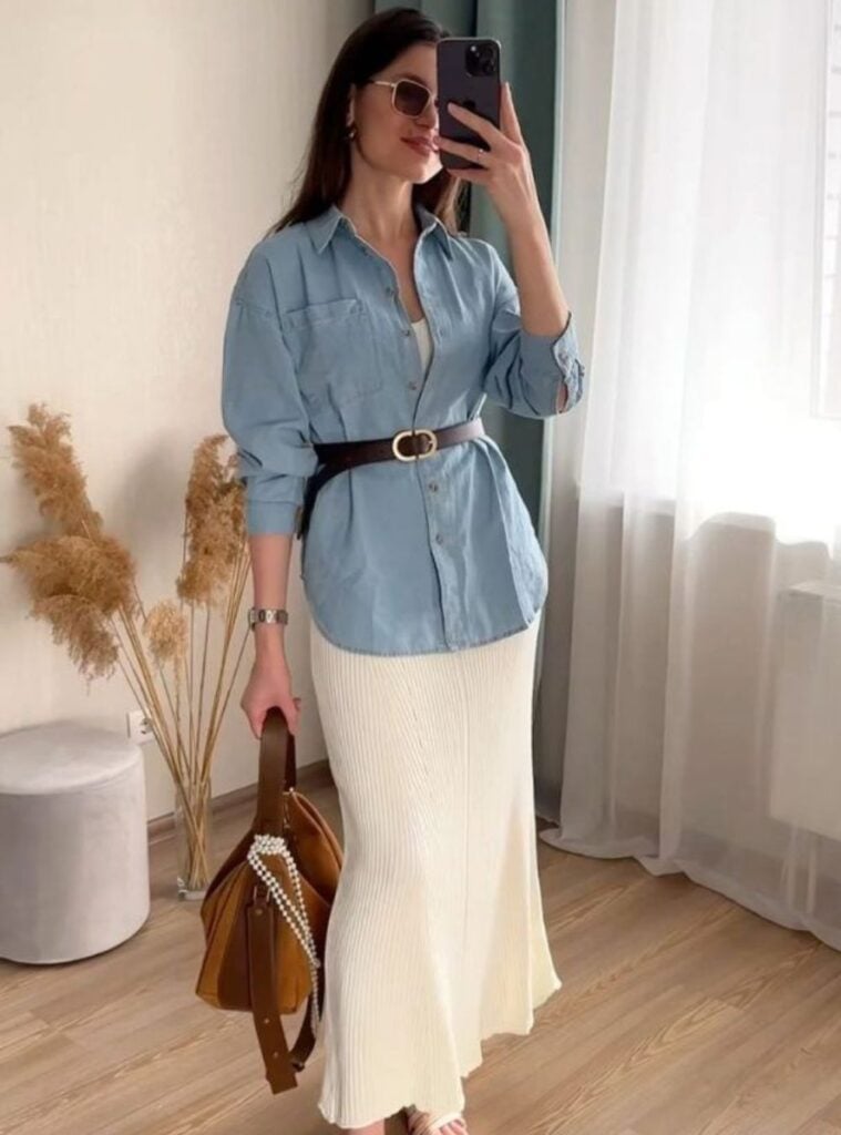 chambray shirt + belted waist + pleated white skirt