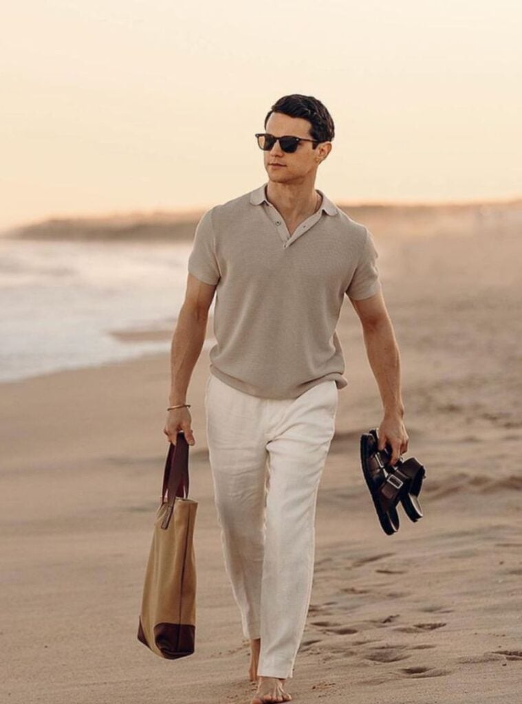 knit polo + linen pants + leather sandals