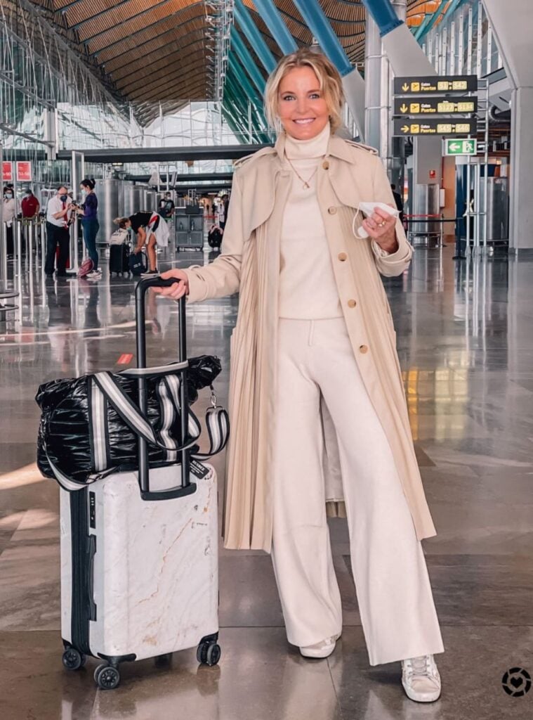 monochrome travel set + trench coat + sneakers