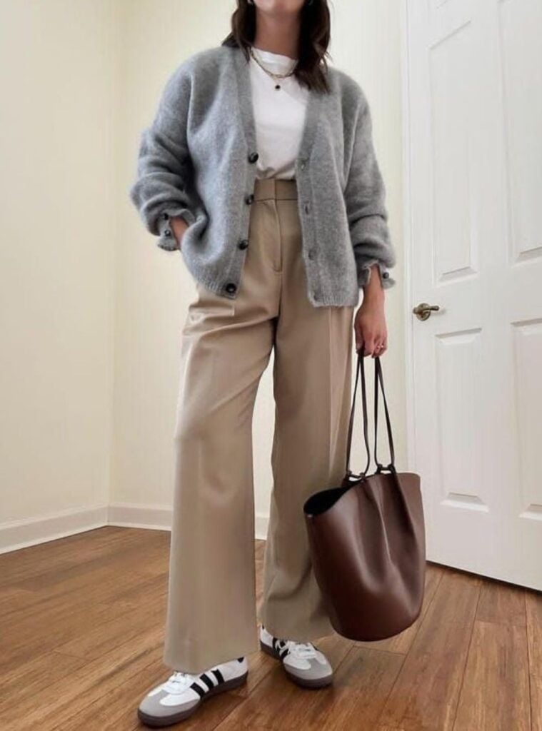 white tee + grey cardigan + wide-leg trousers
