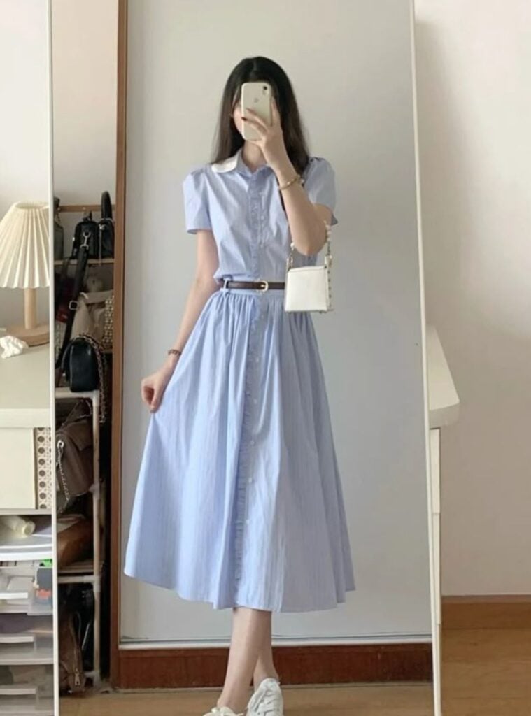 blue shirt dress + belt + sneakers