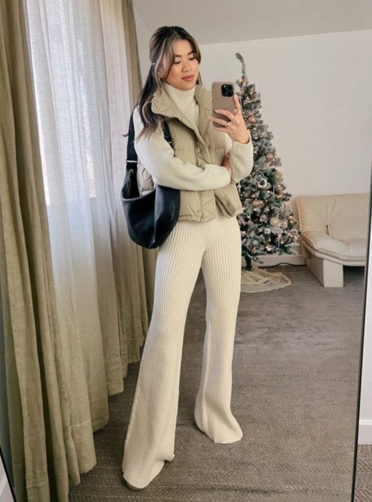 camel coat + cream sweater + white wide-leg pants
