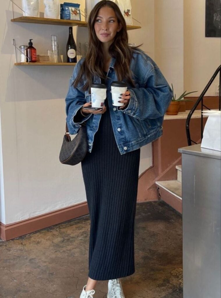 knit midi dress + oversized denim jacket + sneakers