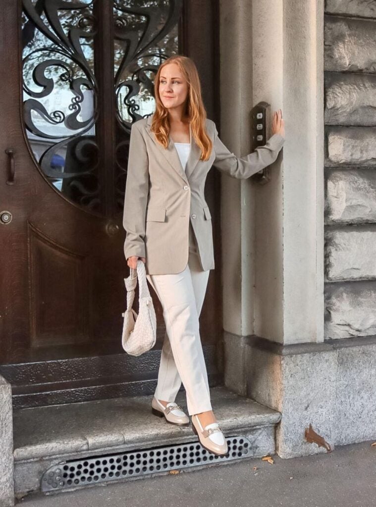 blazer + white tank + cream trousers