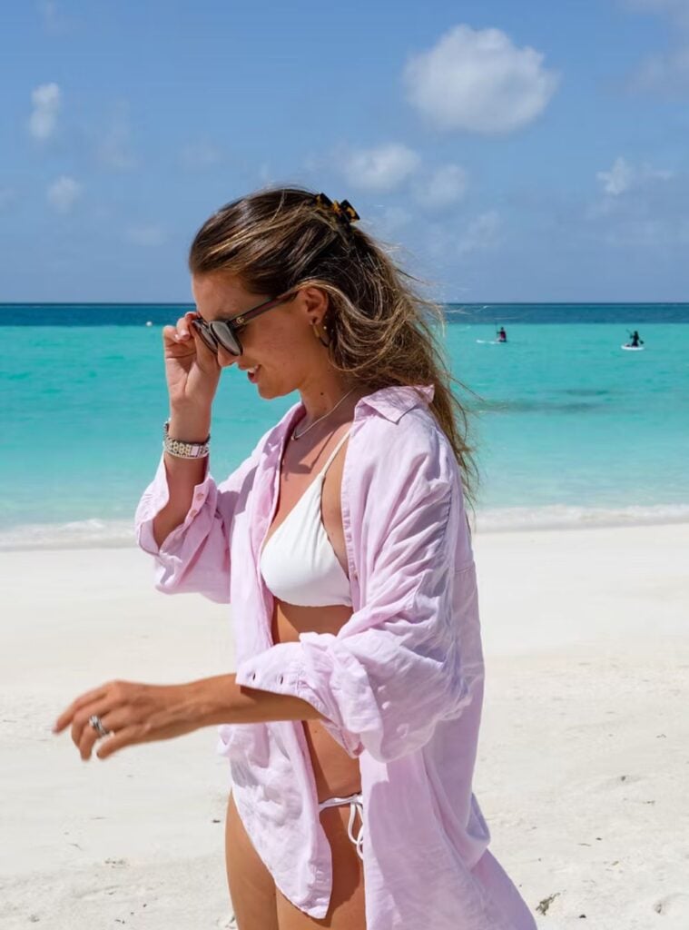 pearl bikini + collared top + sunglasses