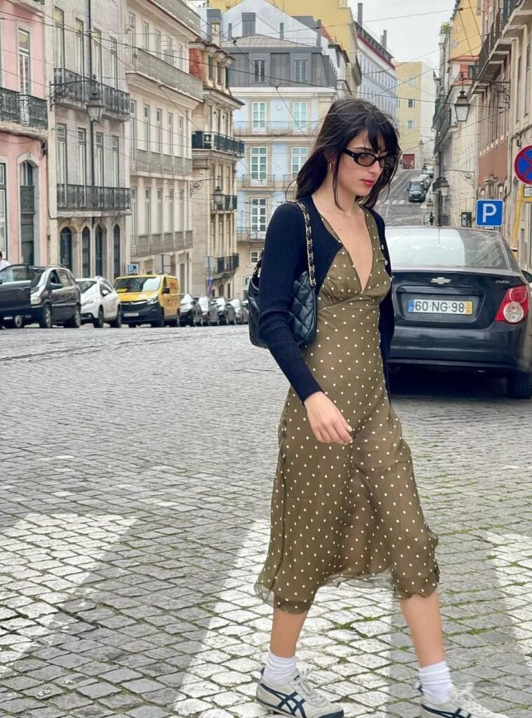 polka dot slip dress + cardigan + sneakers