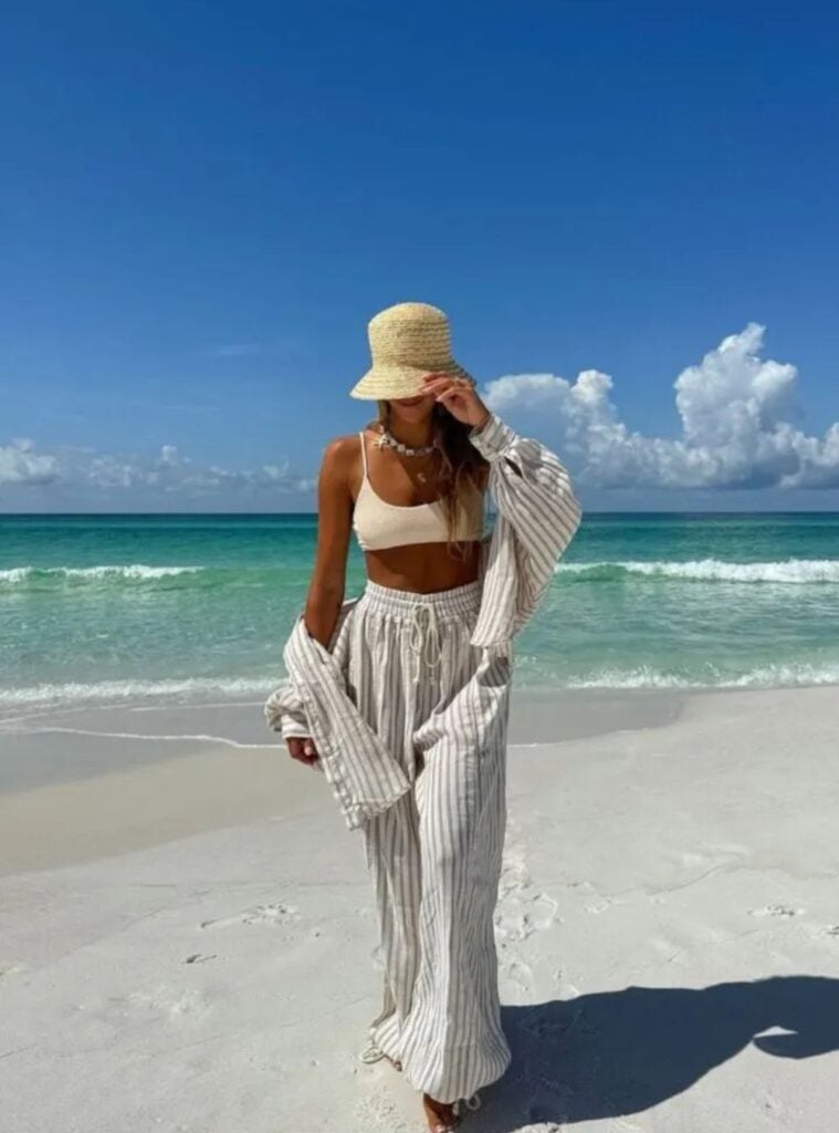 striped co-ord set + straw hat