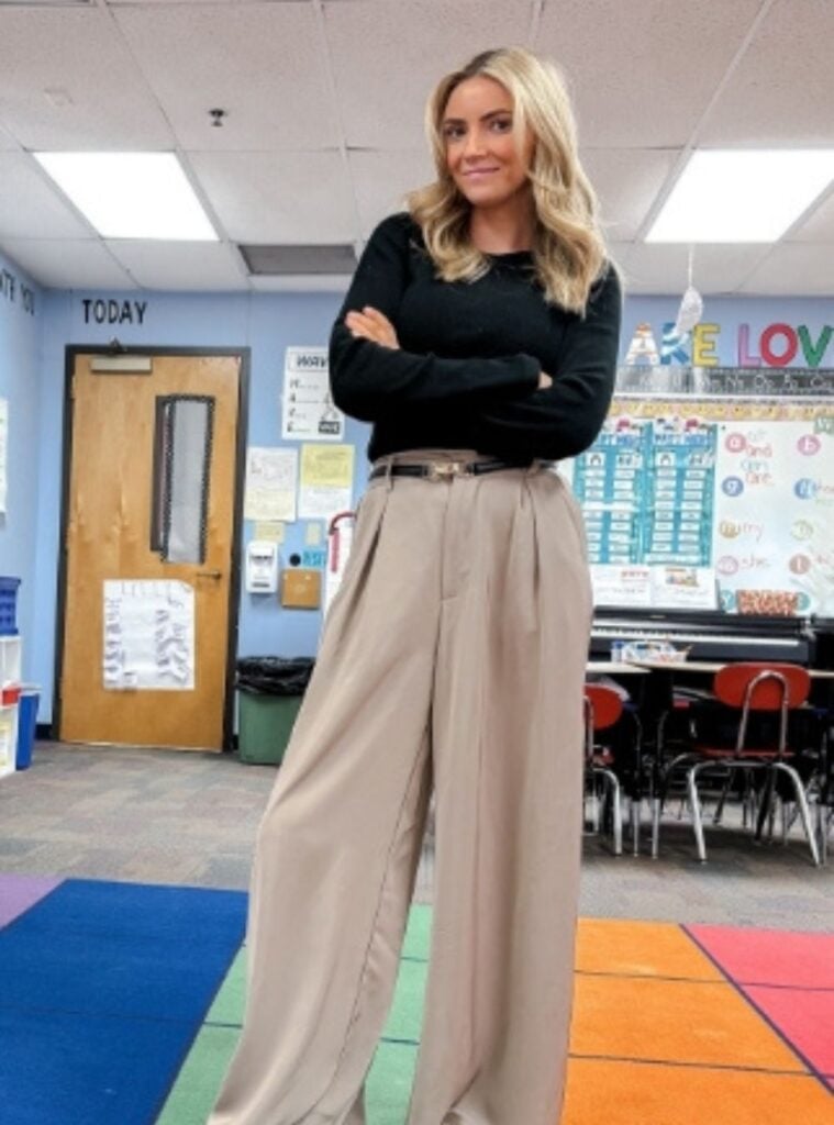 black sweater + wide-leg trousers + sneakers