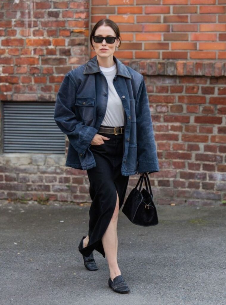 oversized denim jacket + white tee + black midi skirt