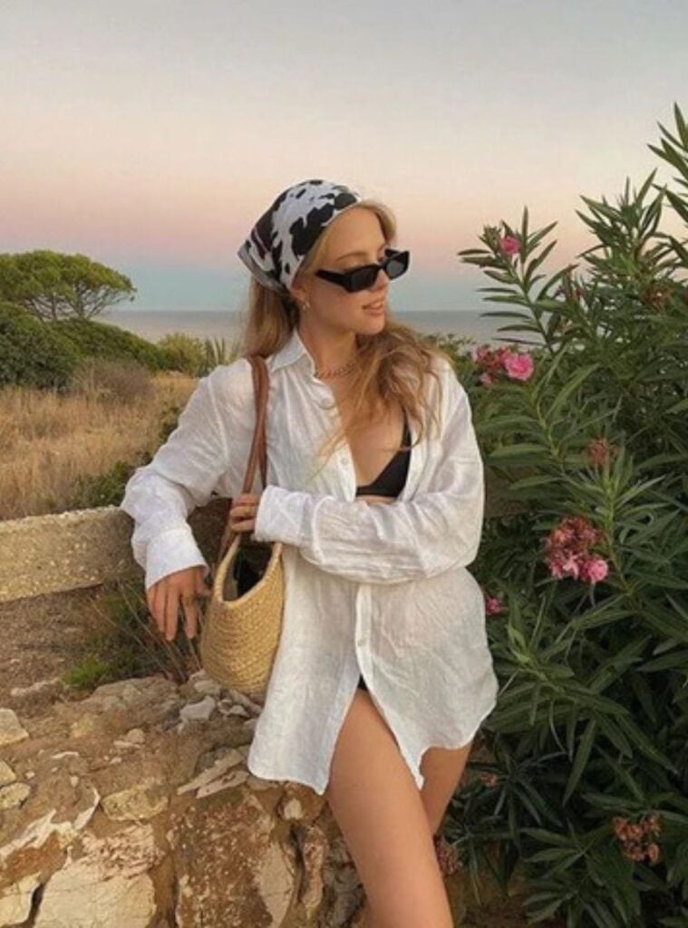 white shirt dress + bikini + headscarf