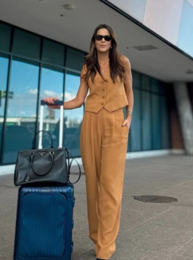 camel vest set + black sunglasses + sneakers