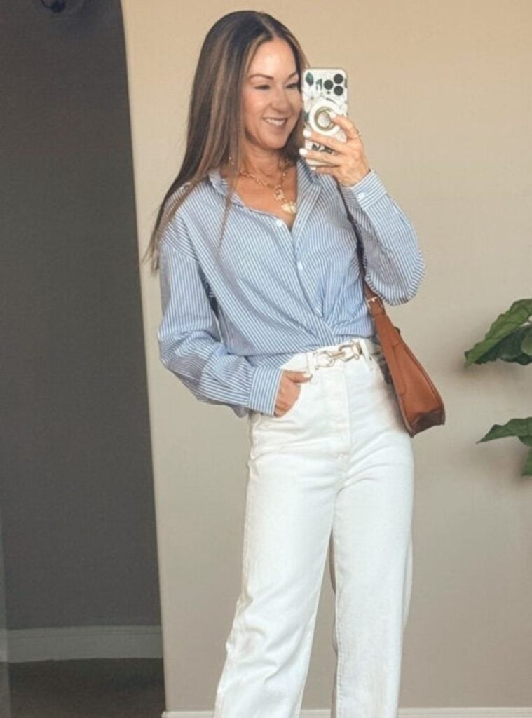 striped button-up + white jeans + tan heels