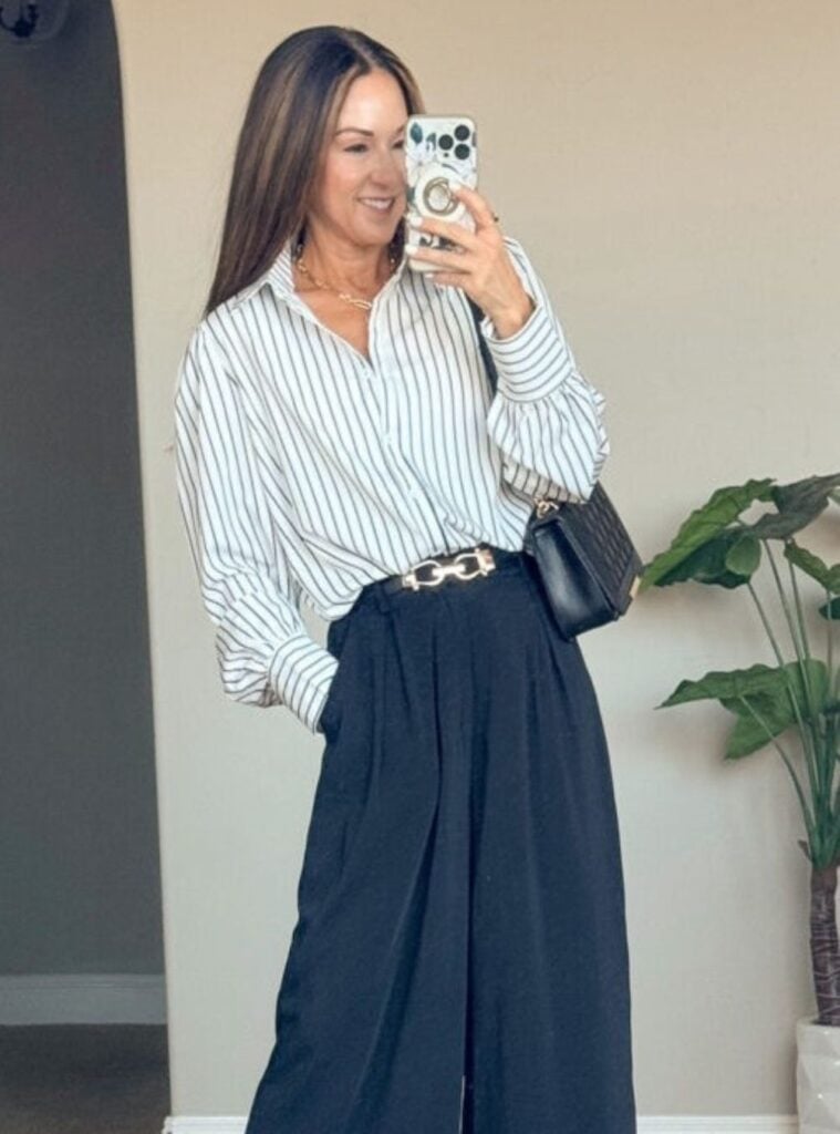 striped shirt + wide-leg black trousers + strappy heels