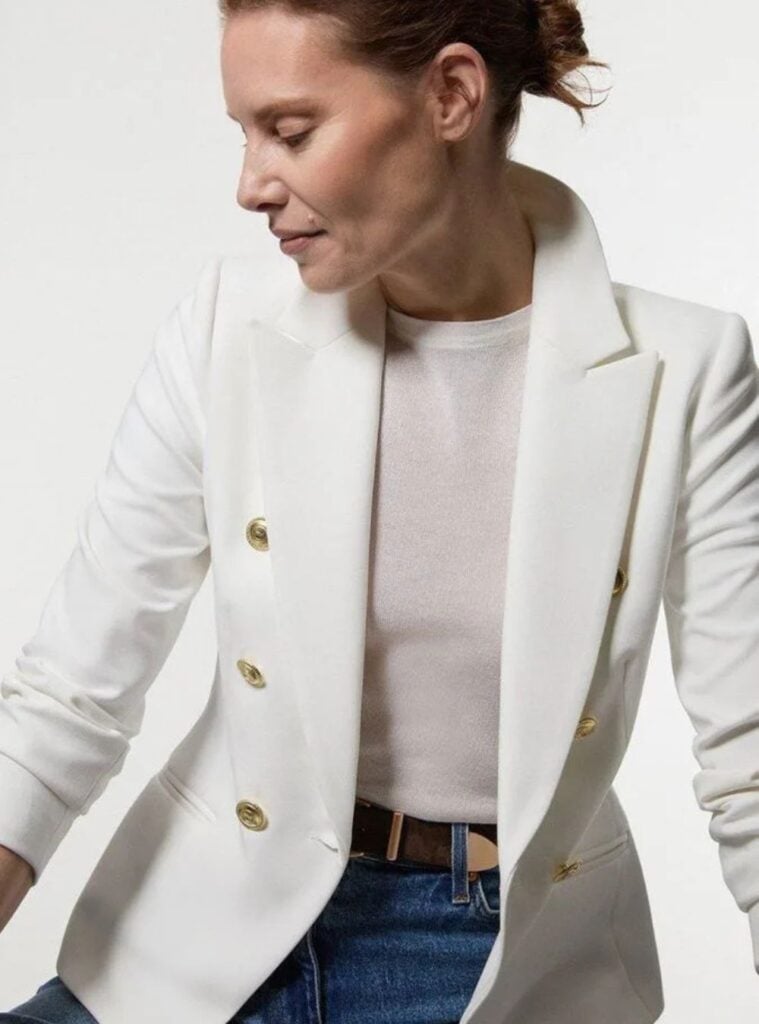 white blazer + sheer top + blue jeans