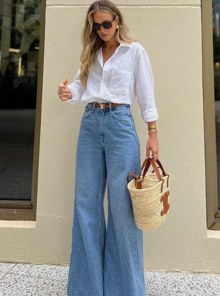 white button-down + wide-leg jeans + straw tote