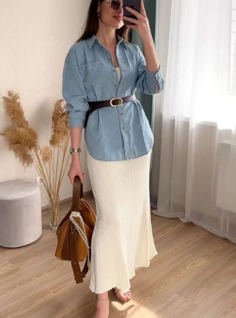 belted chambray shirt + knit skirt + nude heels