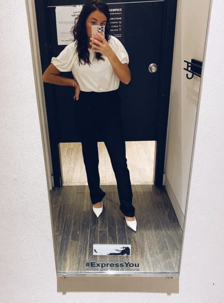 puff sleeve blouse + straight pants + white heels