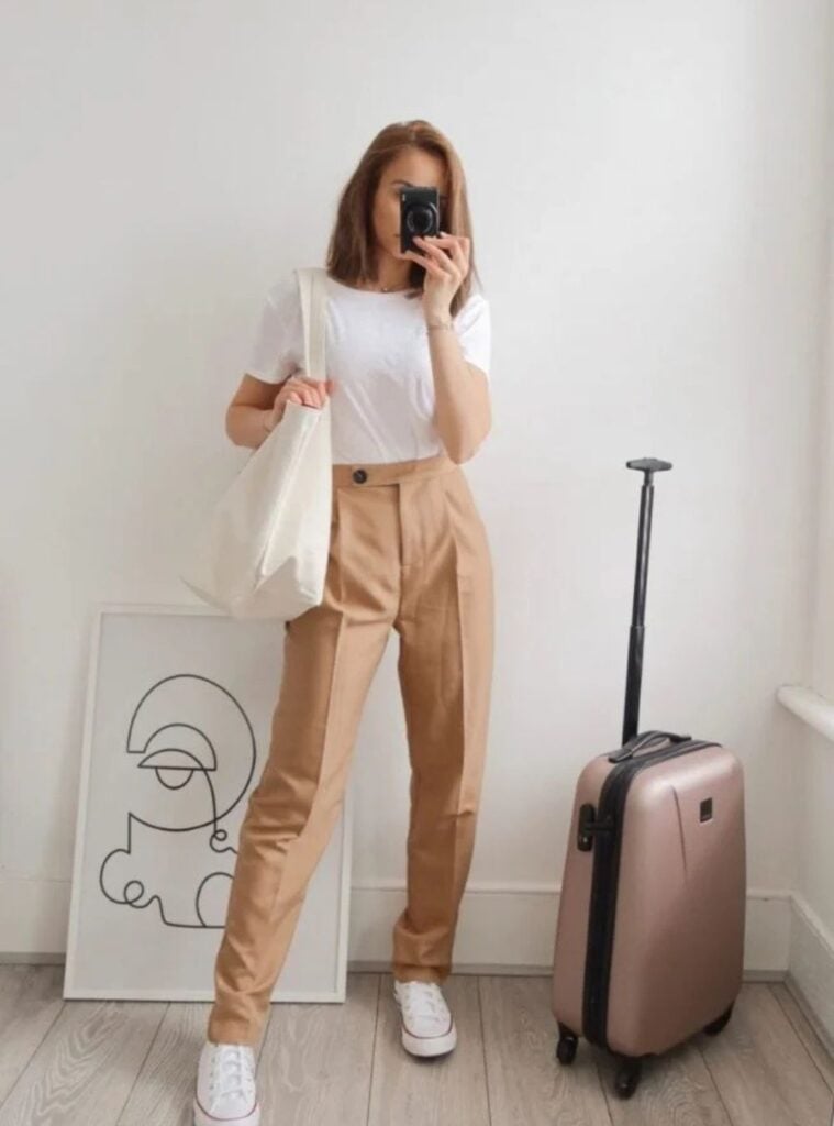 white tee + tan trousers + converse