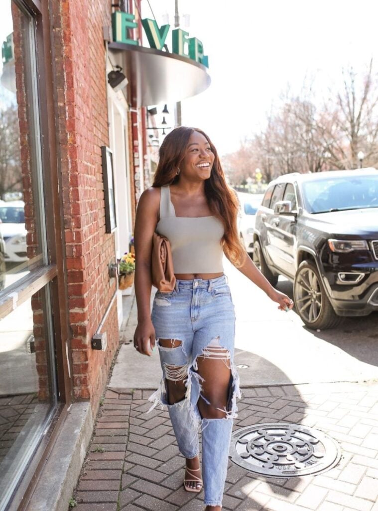square neck tank + tipped jeans + heeled sandals