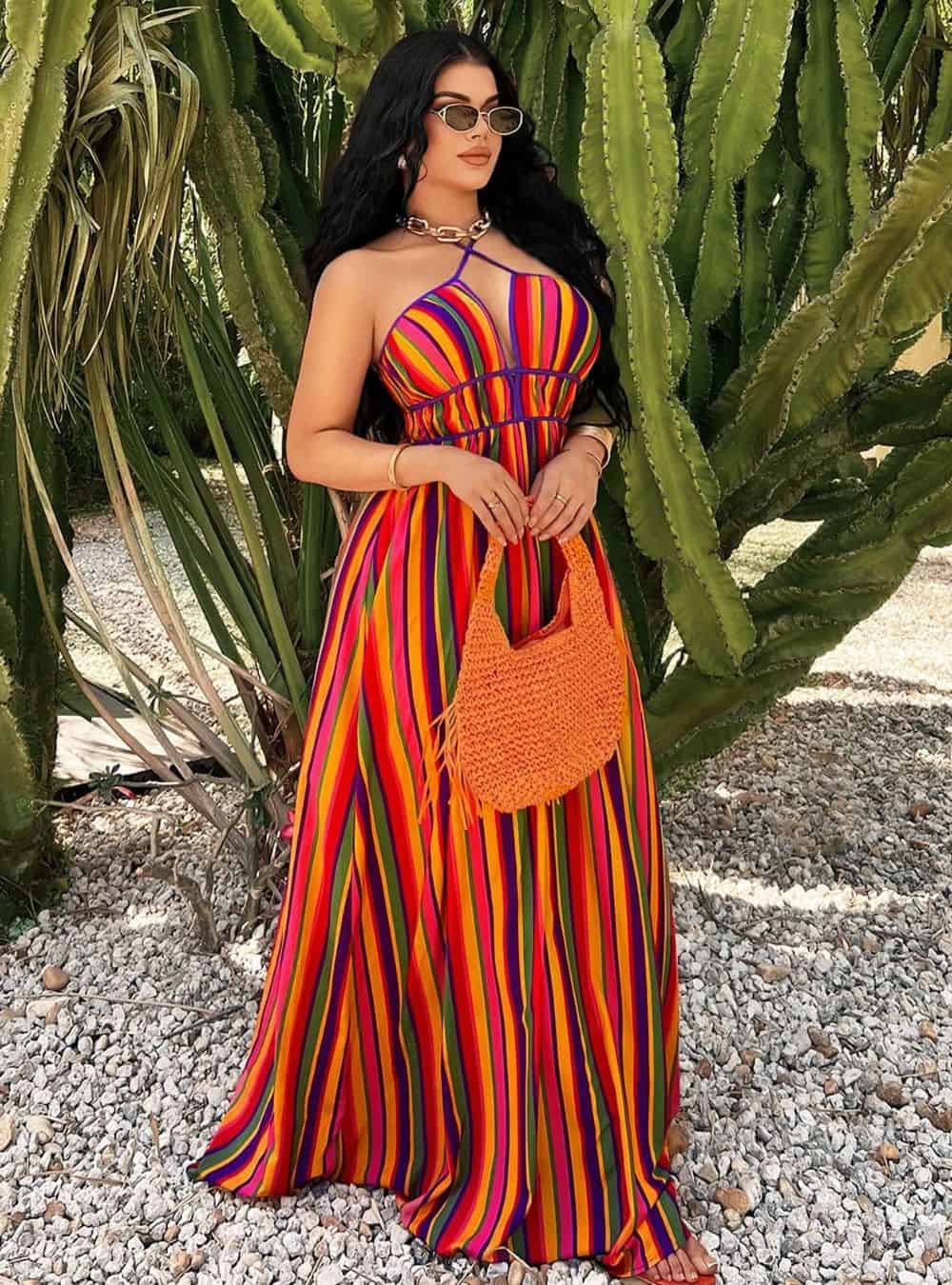 shein beach dress SHEIN Breezaya Tropical Print Backless Knot Halter Neck Slit Thigh Dre |  Dress