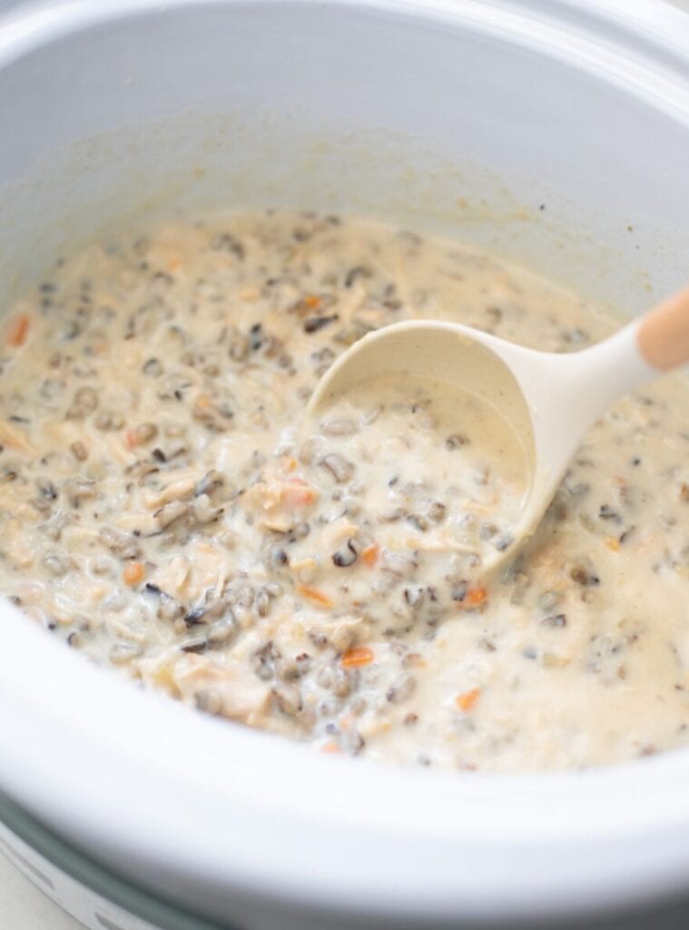A hearty crockpot chicken and wild rice soup served warm, perfect for cozy fall nights.