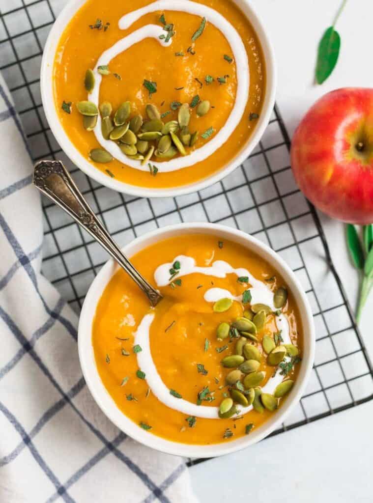 smooth butternut squash soup in a slow cooker, cozy fall crockpot meal