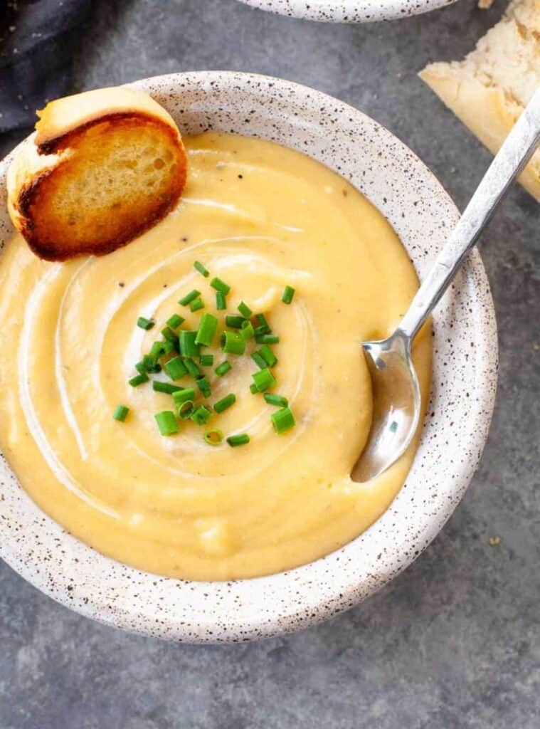 creamy potato leek soup in a crockpot, cozy fall dinner recipe