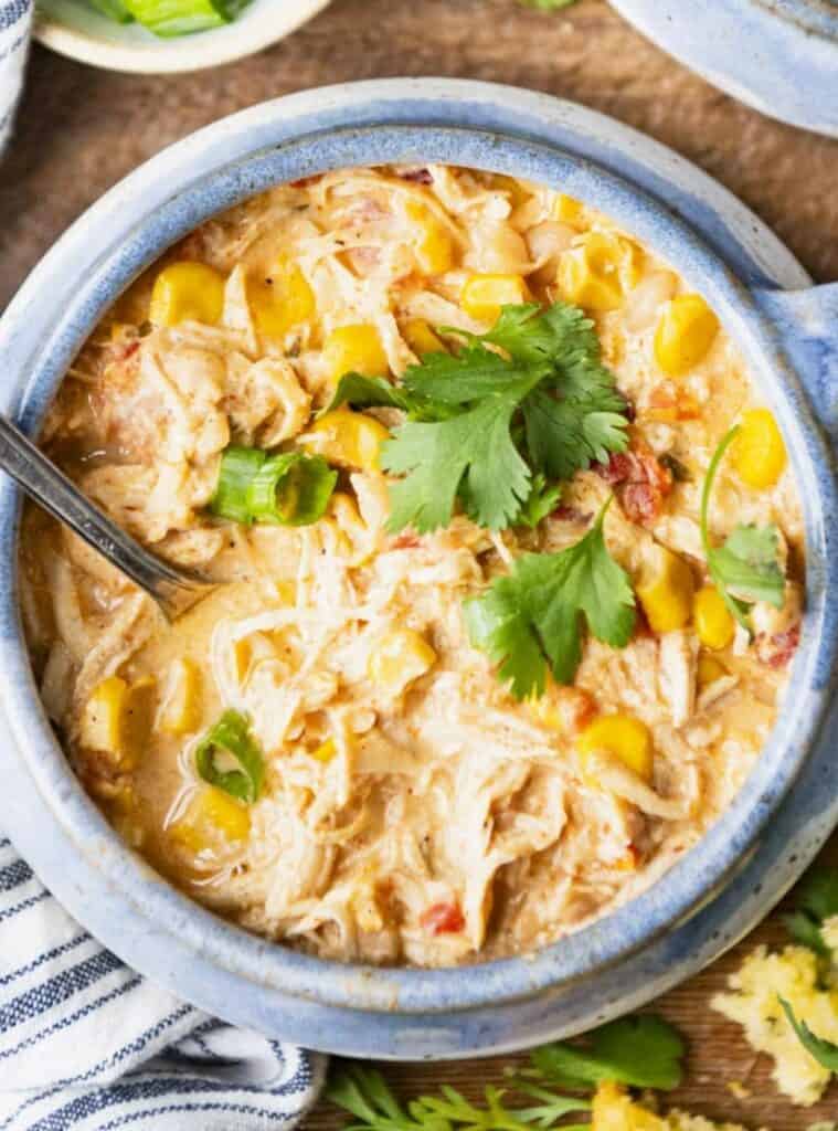 white chicken chili with beans made in slow cooker, fall crockpot recipe for easy dinners