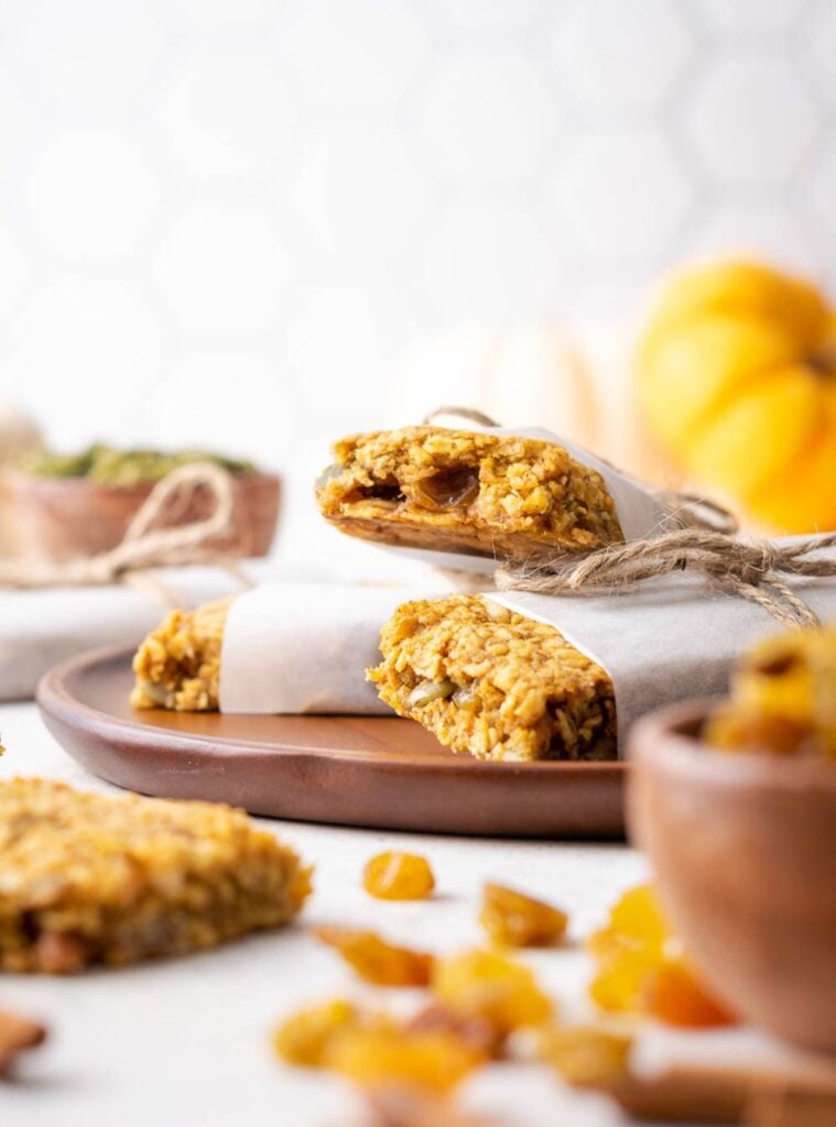 pumpkin granola bars wrapped for storage, crunchy and chewy, great for healthy pumpkin recipes