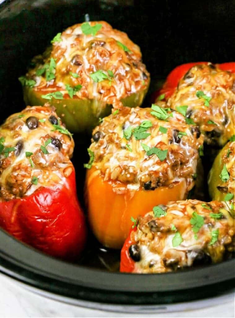 stuffed bell peppers in crockpot with rice and veggies, healthy fall dinner recipe