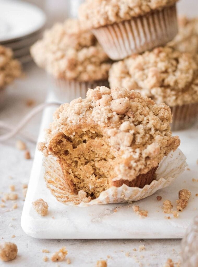 pumpkin muffins topped with crumbly streusel topping, bakery-style treat for fall brunch ideas