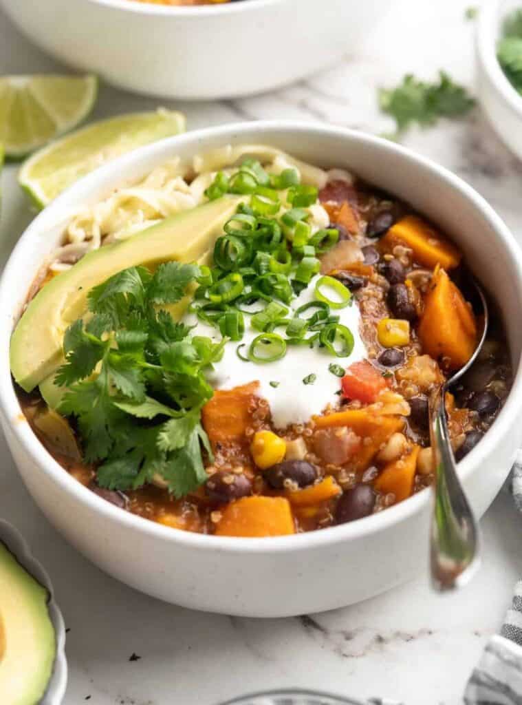 vegetarian chili with sweet potatoes and black beans, healthy fall crockpot meal