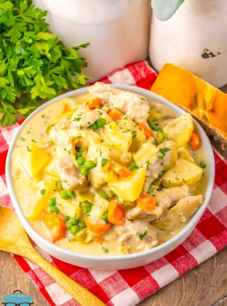chicken stew with sweet potatoes and carrots in a crockpot, hearty fall crockpot meal