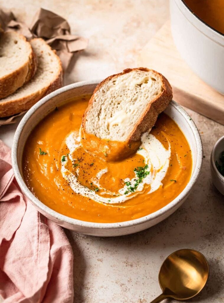 creamy roasted soup with garlic and herbs, a fresh pumpkin recipe