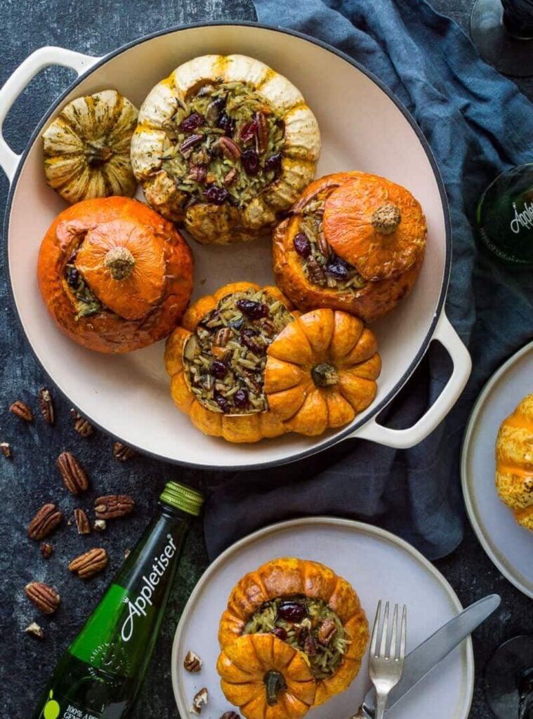small pumpkins stuffed with grains and veggies, a fresh pumpkin recipe