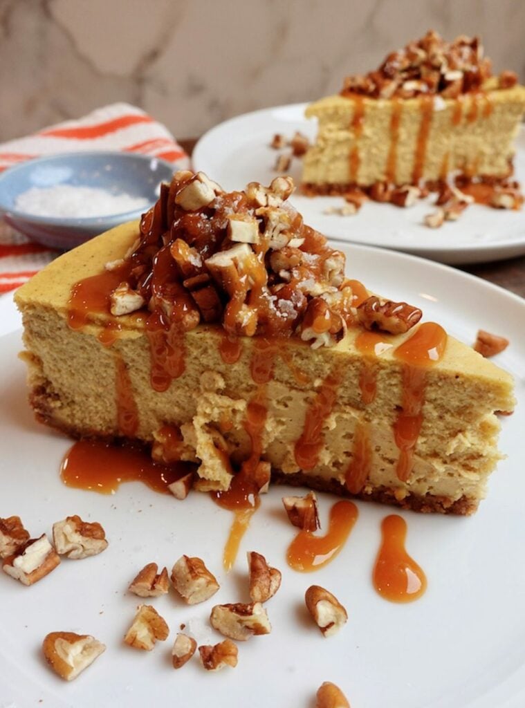 decadent fall cheesecake recipes topped with pecans and caramel