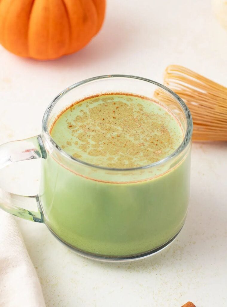 matcha latte with pumpkin spice, energizing fall beverage
