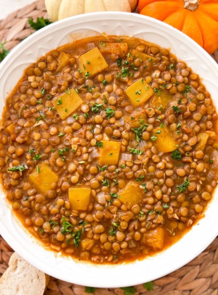 hearty stew with lentils and pumpkin, a cozy pumpkin dish
