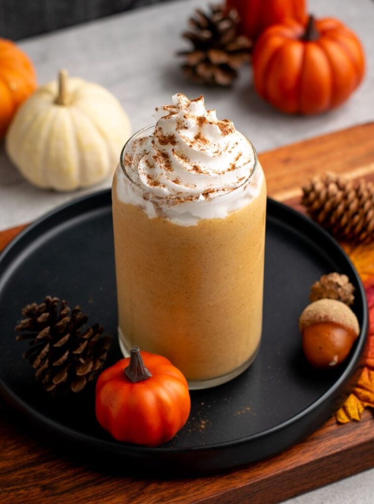 protein shake with pumpkin puree and spices, filling fall beverage