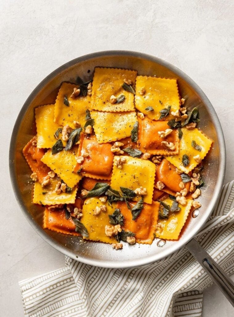 ravioli with pumpkin filling and sage butter, a pumpkin dish for fall
