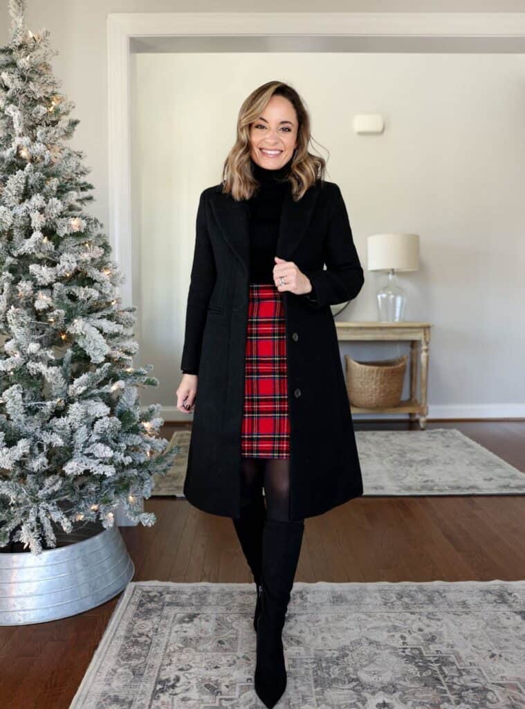 1 Black Coat Black Turtleneck Red Plaid Mini Skirt Black Over the Knee Boots christmas eve church outfit black coat plaid skirt boots